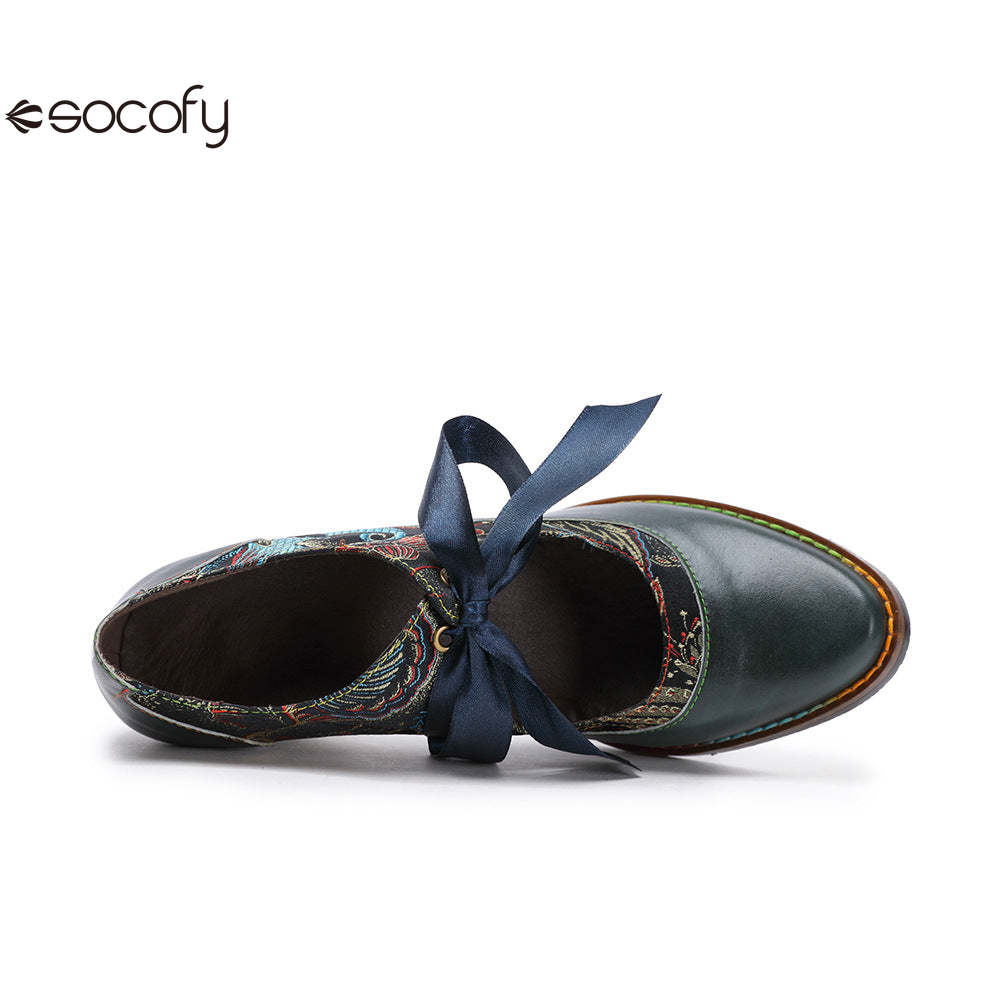 Socofy Summer flower blue ethnic style high-heeled ribbon lace-up women's shoes