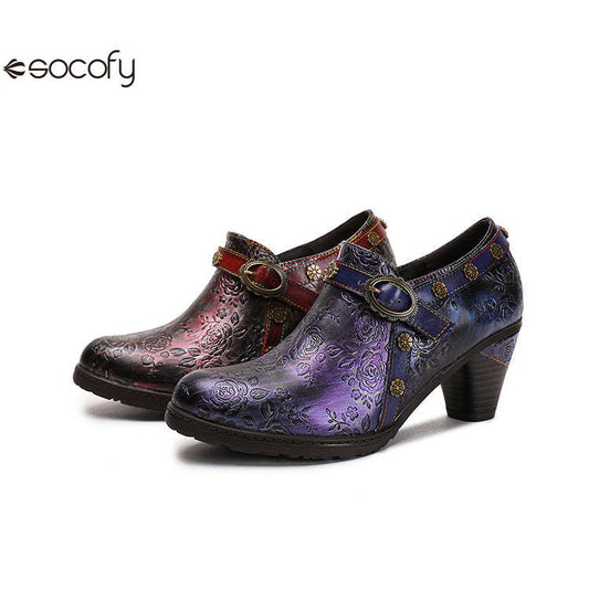 Socofy Ethnic style thick heel retro shoes pumps 750