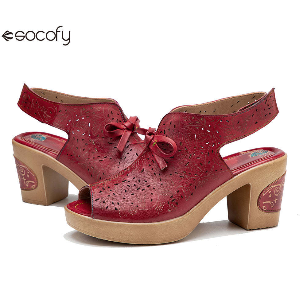 Socofy Summer Leather Retro Hollow Out High Heel Sandals