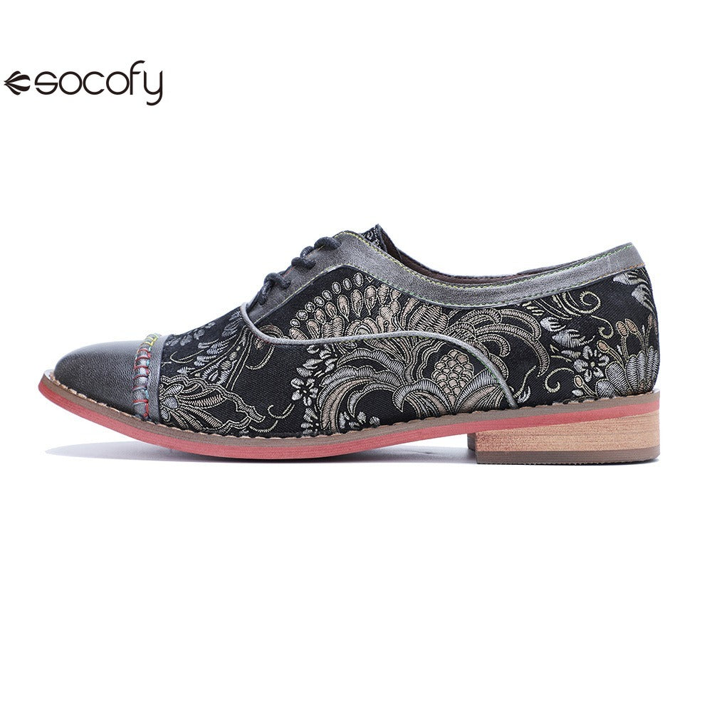 Socofy Handmade Leather Vintage Lace-Up Flats Loafers Shoes