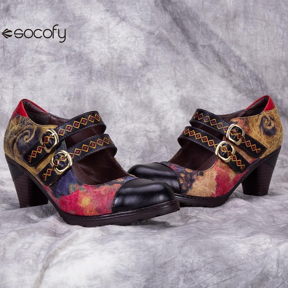 Socofy ethnic style retro genuine leather high heels women's shoes