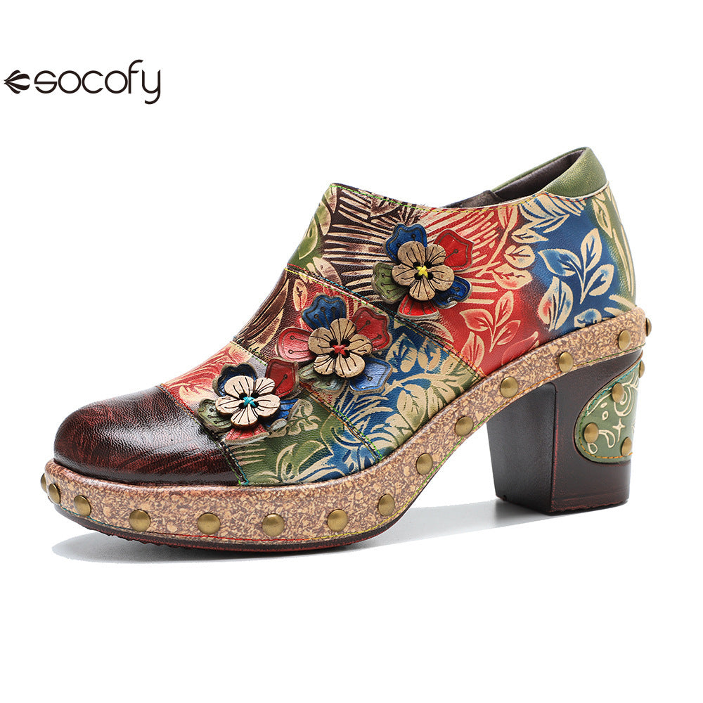 Socofy Genuine Leather Vintage Floral Dimensional Flower Comfortable Pumps