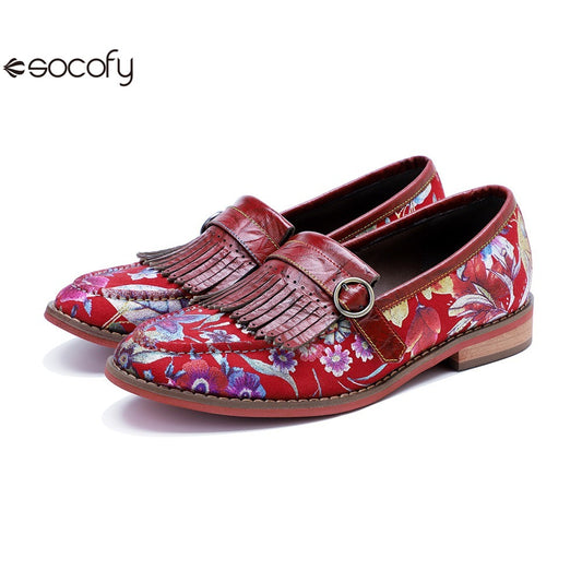 Socofy Handmade Leather Vintage Printed Tassel Flat Loafers Shoes 1000