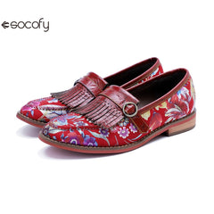 Socofy Handmade Leather Vintage Printed Tassel Flat Loafers Shoes