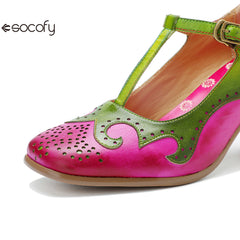 Socofy Handmade Leather Vintage Mary Jane Heels