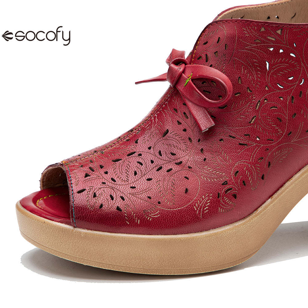 Socofy Summer Leather Retro Hollow Out High Heel Sandals