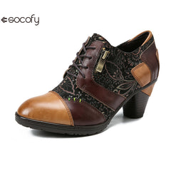 Socofy Vicconfy Genuine leather high heeled three-dimensional flowers drawstring pumps