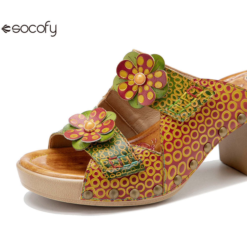 Socofy Spring and summer genuine leather retro flower comfortable thick heel high heel sandals