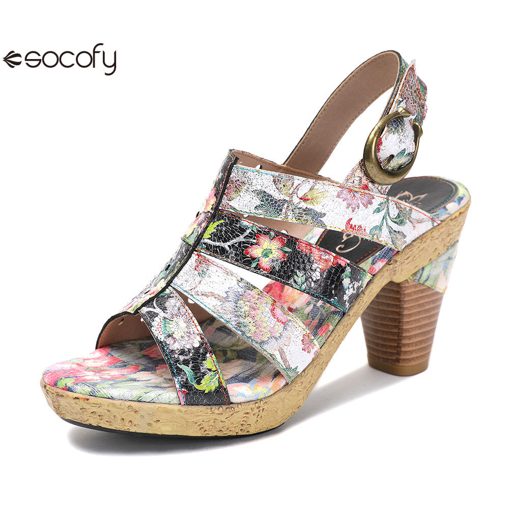 Socofy Vicconfy Leather Floral Heeled Black Sandals