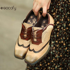 Socofy new spot genuine leather retro style contrasting brogue casual women's thick heel high heels