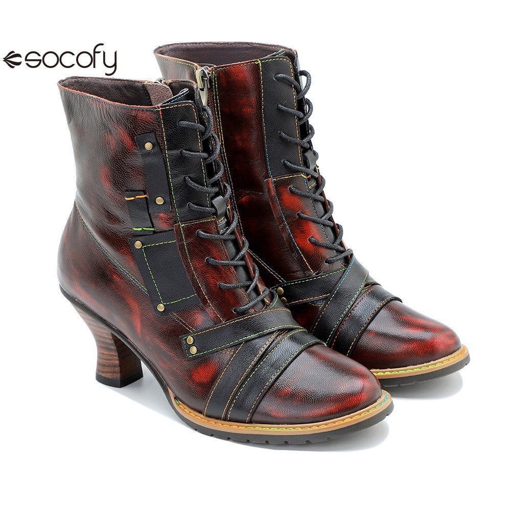 Socofy Leather Vintage Boots High Heeled Boots