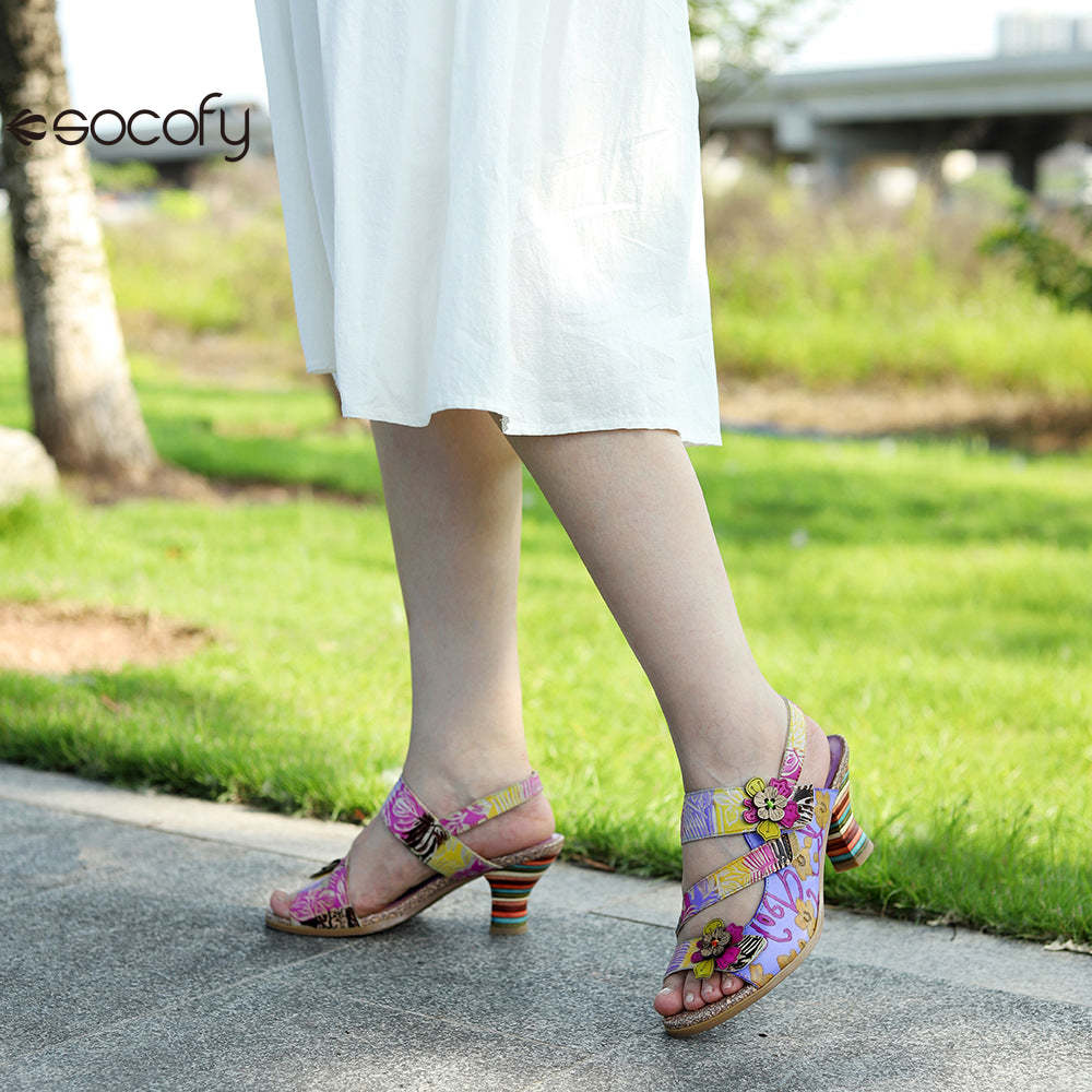 Socofy new summer style genuine leather retro three-dimensional flower rainbow and wine glass sandals for women