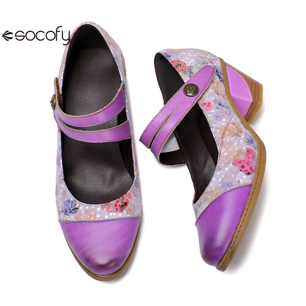 Socofy Vicconfy Genuine Leather Ethnic Vintage Style High Heeled Shoes