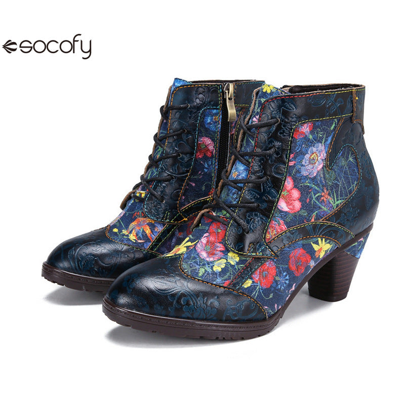 Socofy Vicconfy Vintage Floral Cowhide Ethnic Women's Leather Boots