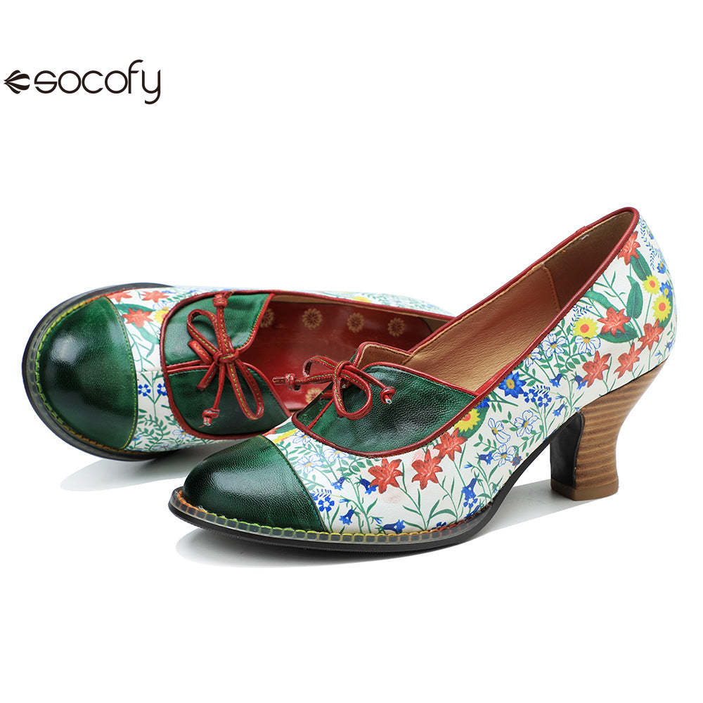 Socofy Vintage Printed Genuine Leather Block Mid Heel Ankle Hook Loop Pumps