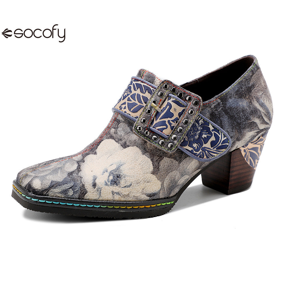 Socofy  Vicconfy Genuine Leather Vintage Style Water Print High Heeled Single Shoes