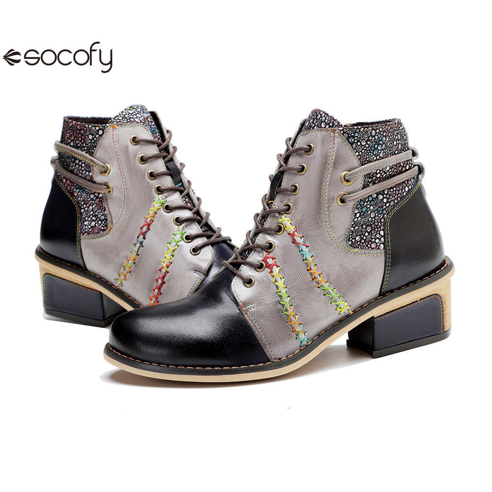 Socofy Vicconfy Handmade Leather Scuffed Vintage Women's Boots