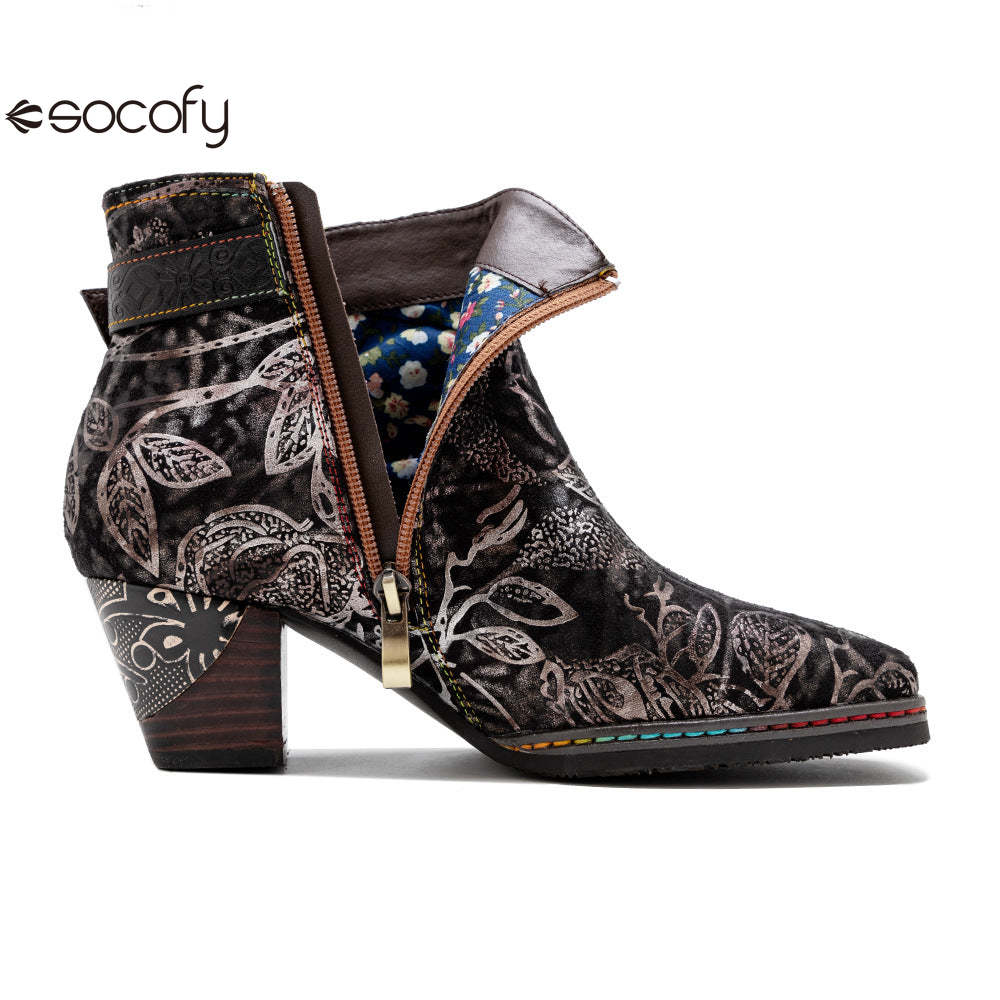 Socofy Autumn and Winter Retro Metal Reflective Colour Elegant Chunky Heel Women's Boots