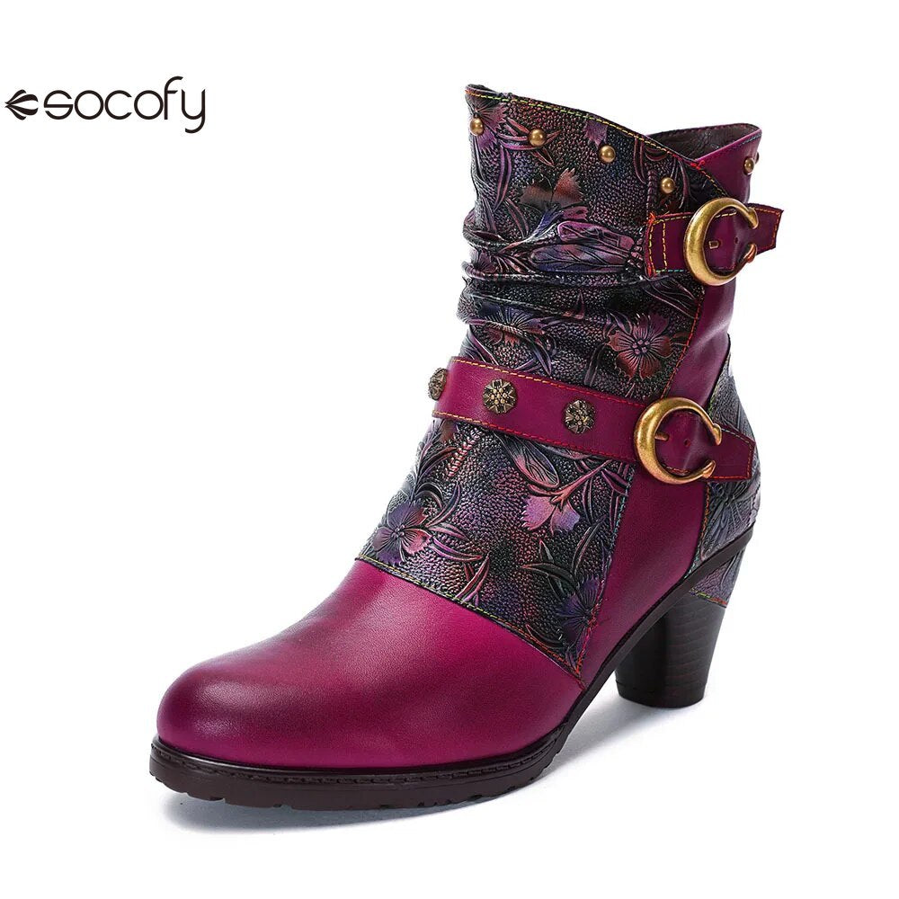 SOCOFY  Genuine Leather Retro Handmade Embossed Fashion Zip Winter Short Boots