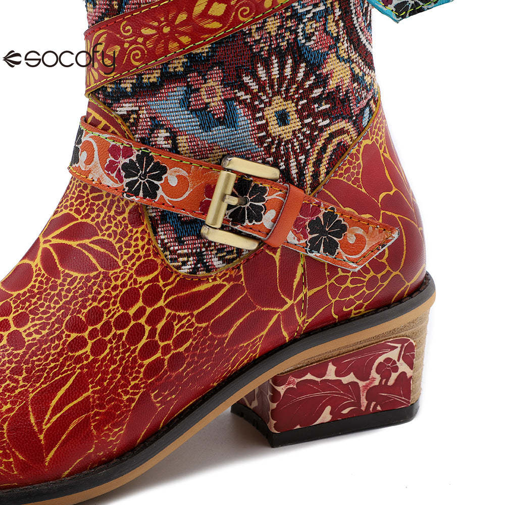 Socofy Leather Vintage Print Chunky Heel Knee Women's Boots