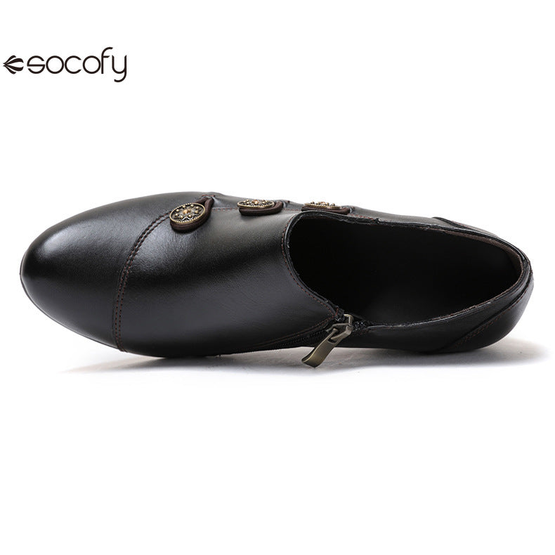 Socofy Vicconfy Genuine Leather Ethnic Style Handmade Vintage Literary Buckle Heels