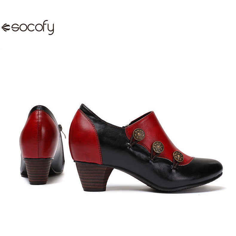 Socofy Vicconfy Genuine Leather Ethnic Style Handmade Vintage Literary Buckle Heels