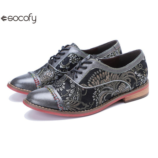 Socofy Handmade Leather Vintage Lace-Up Flats Loafers Shoes 1000