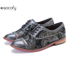 Socofy Handmade Leather Vintage Lace-Up Flats Loafers Shoes