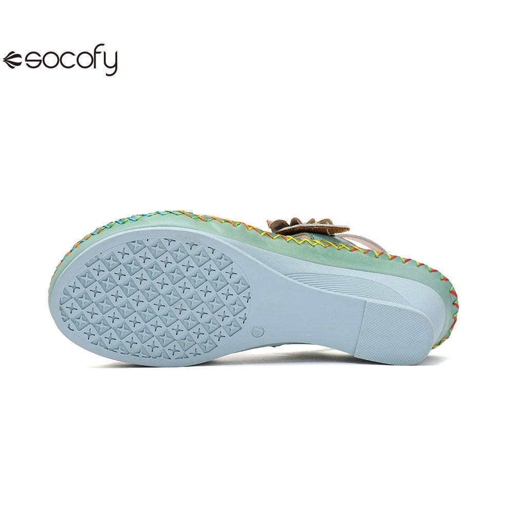 Socofy Vicconfy Genunie Leather Floral Handmade Women's Sandals