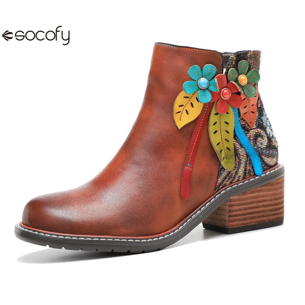 SOCOFY Winter New Round Toe Patchwork Handmade Ankle Boots