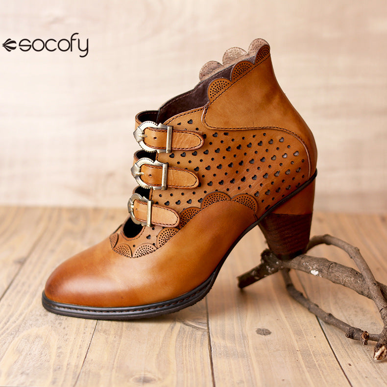 Socofy Vicconfy Retro Cutout High Heel Leather Boots