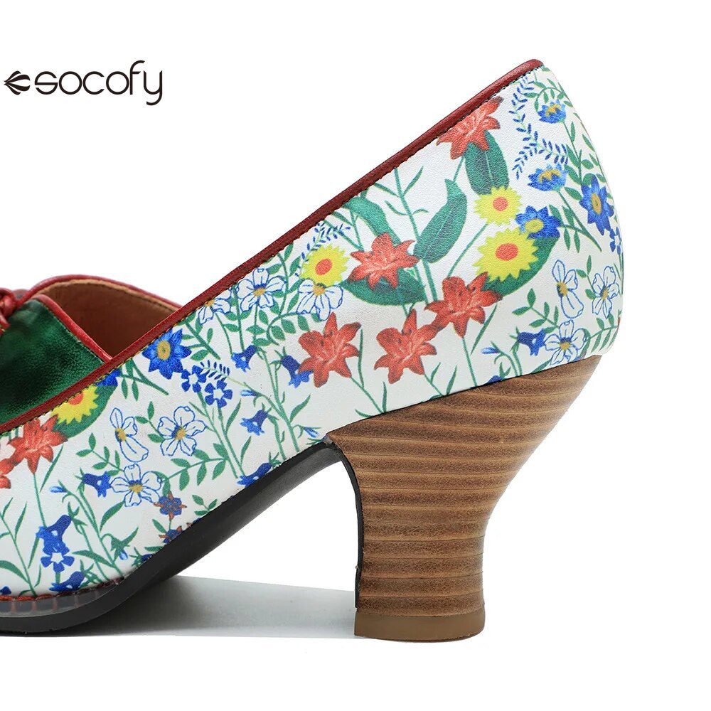 Socofy Vintage Printed Genuine Leather Block Mid Heel Ankle Hook Loop Pumps