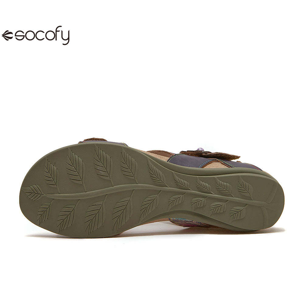 Socofy Bohemian retro first-layer cowhide flower-embellished women's sandals