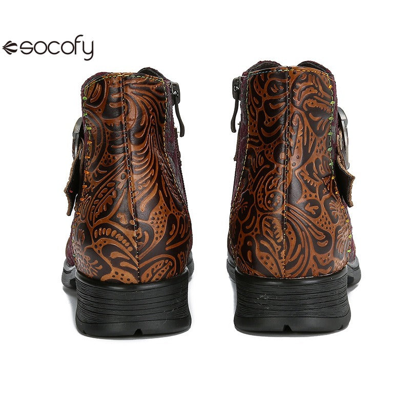 SOCOFY Genuine Leather Ethnic Style Round Toe Belt Buckle Handmade Embossing Short Boots