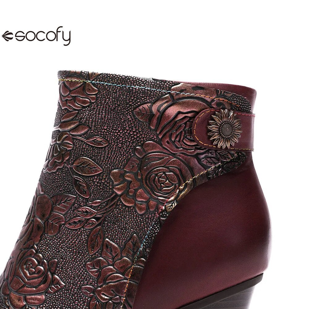 SOCOFY Genuine Leather Retro Handmade Exquisite Embossed Fashion Zip Winter Boots