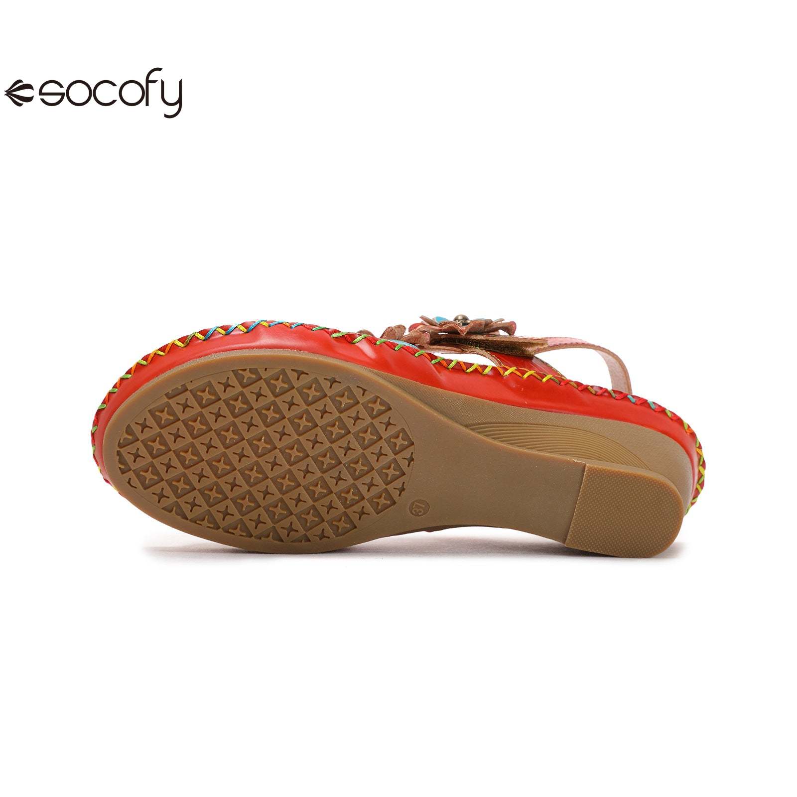 Socofy Vicconfy Summer genuine leather ethnic style wedge heel retro casual fashion flower decorated sandals