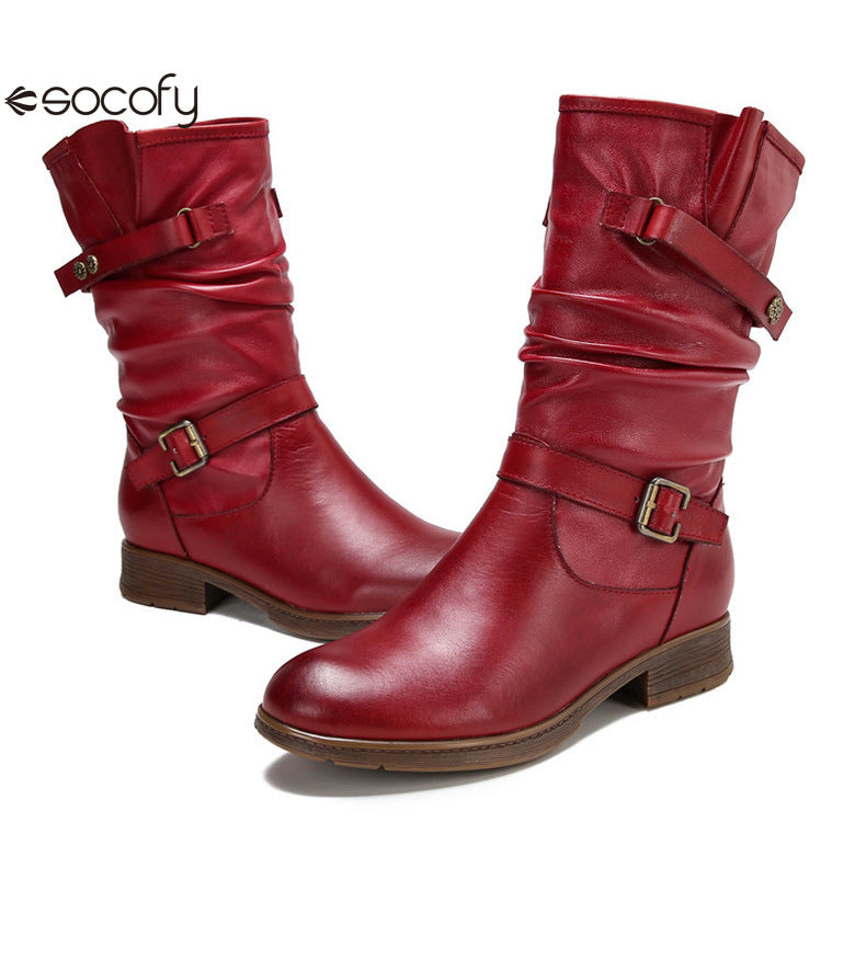 Socofy Vicconfy Genuine Leather Buckle Deco Cowhide Flat Long Boots