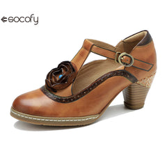 Socofy spring genuine leather retro Mary Jane high-heeled shoes