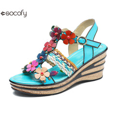 Socofy summer genuine leather bohemian style comfortable wedge sandals for women