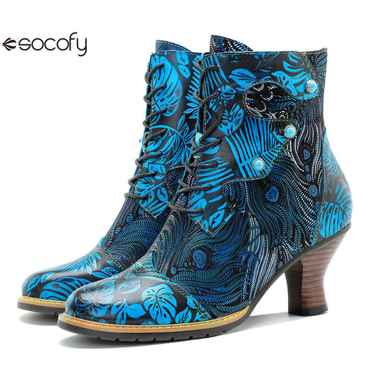 Socofy Autumn and Winter Printed Retro Lace-up Short Heel Women's Boots 1000