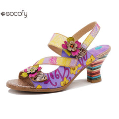 Socofy new summer style genuine leather retro three-dimensional flower rainbow and wine glass sandals for women