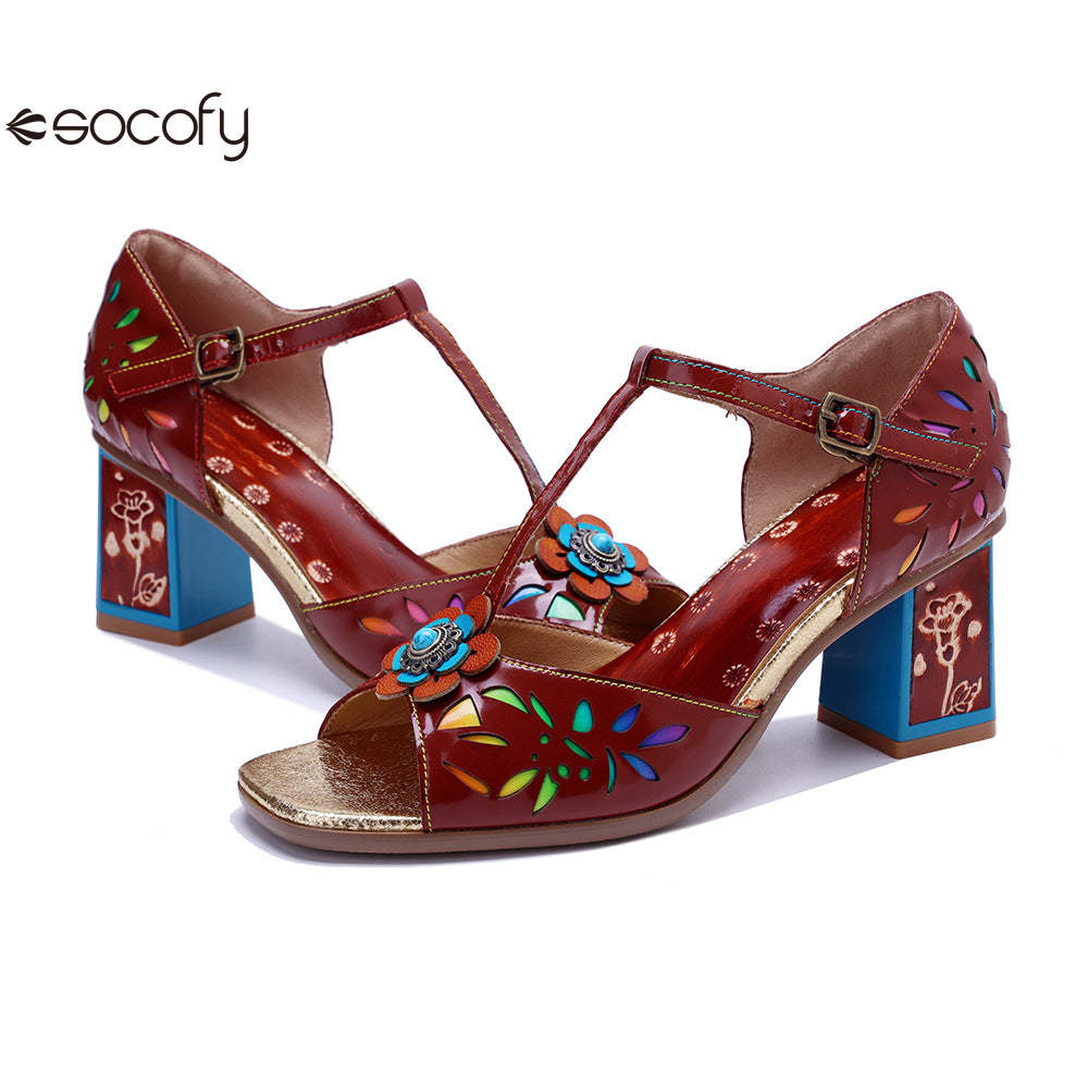 Socofy Vicconfy Women's Leather Handmade Color Rubbed Hollow Flower Square Heel High Heeled Sandals