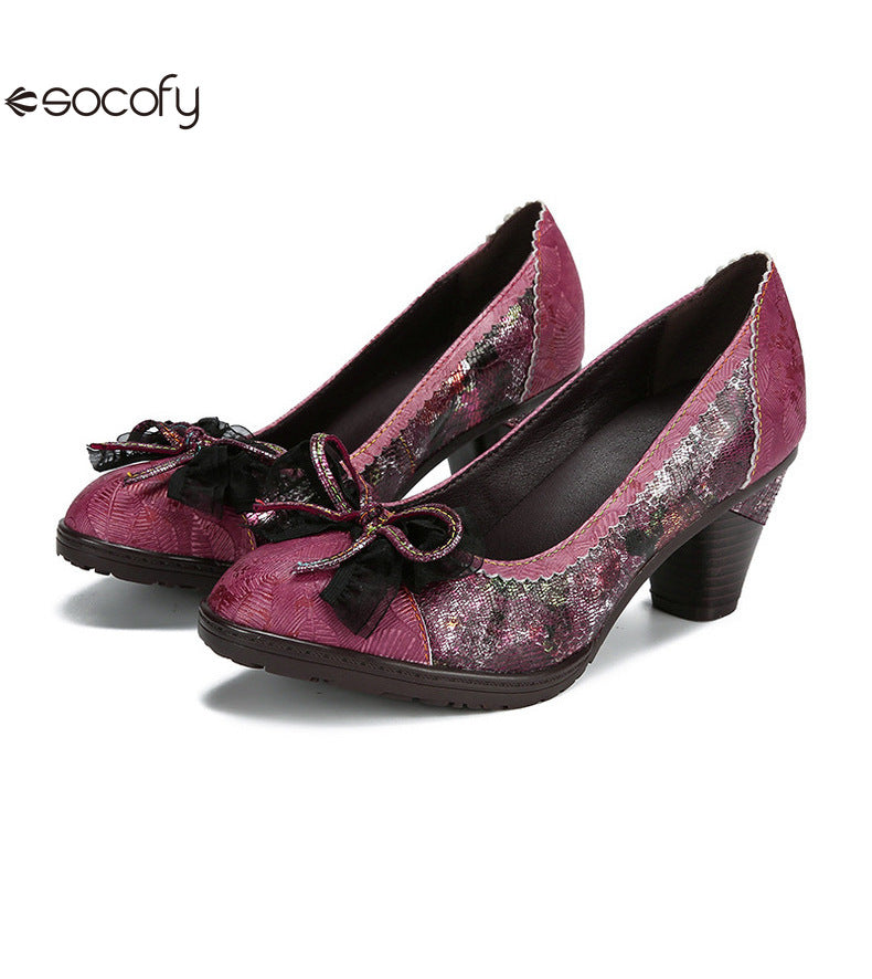 Socofy Vicconfy Genuine Leather Bow High Heels Shoes