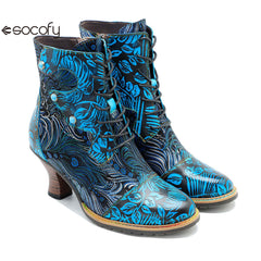 Socofy Autumn and Winter Printed Retro Lace-up Short Heel Women's Boots