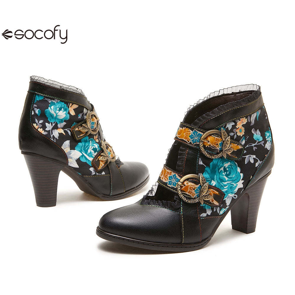 Socofy fashionable ethnic style stiletto heel round toe genuine leather boots for women