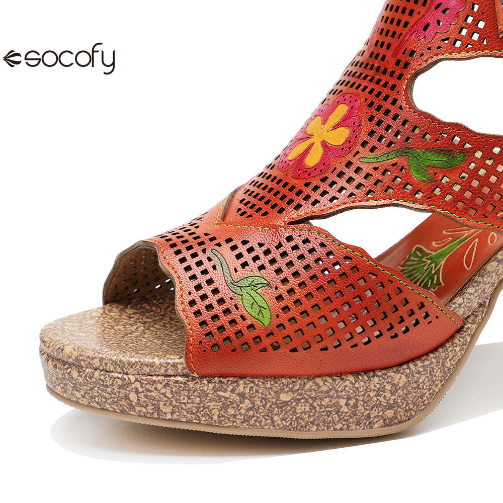 Socofy new retro genuine leather hollow color layer leather high heel sandals