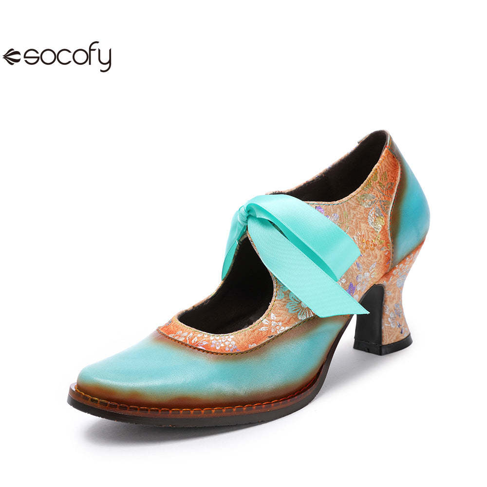 Socofy Summer flower blue ethnic style high-heeled ribbon lace-up women's shoes