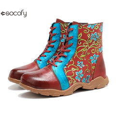 Socofy Vicconfy Handmade Leather Print Ankle Boots