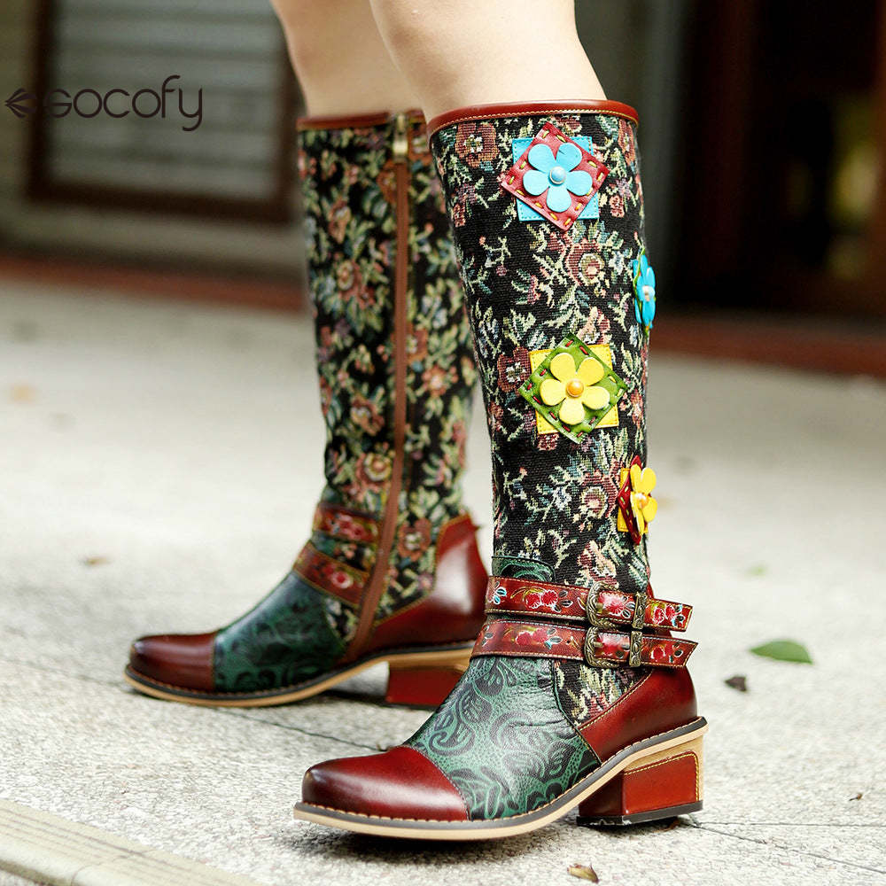 Socofy Vicconfy Handmade Color Rubbed Cubic Floral Belt Buckle Comfort Chunky Heel High Boots