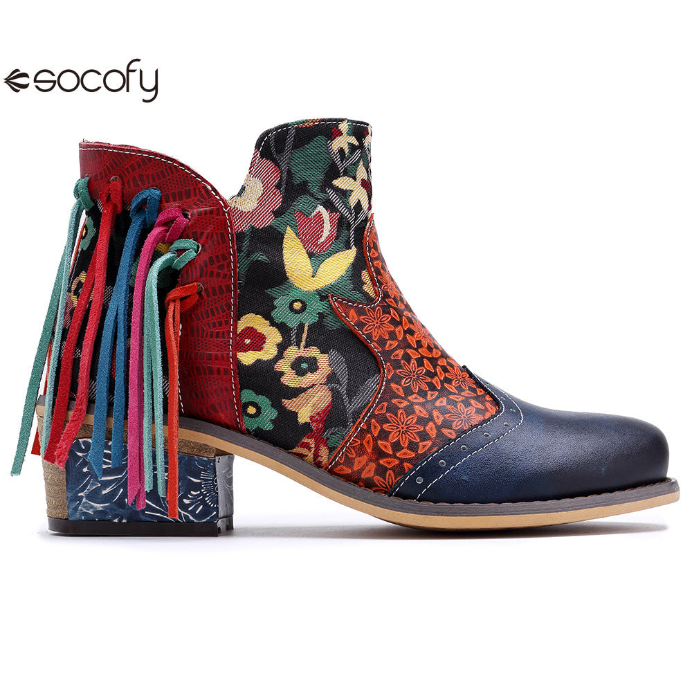 Socofy Vicconfy Leather Printed Fringe Cowboy Boots